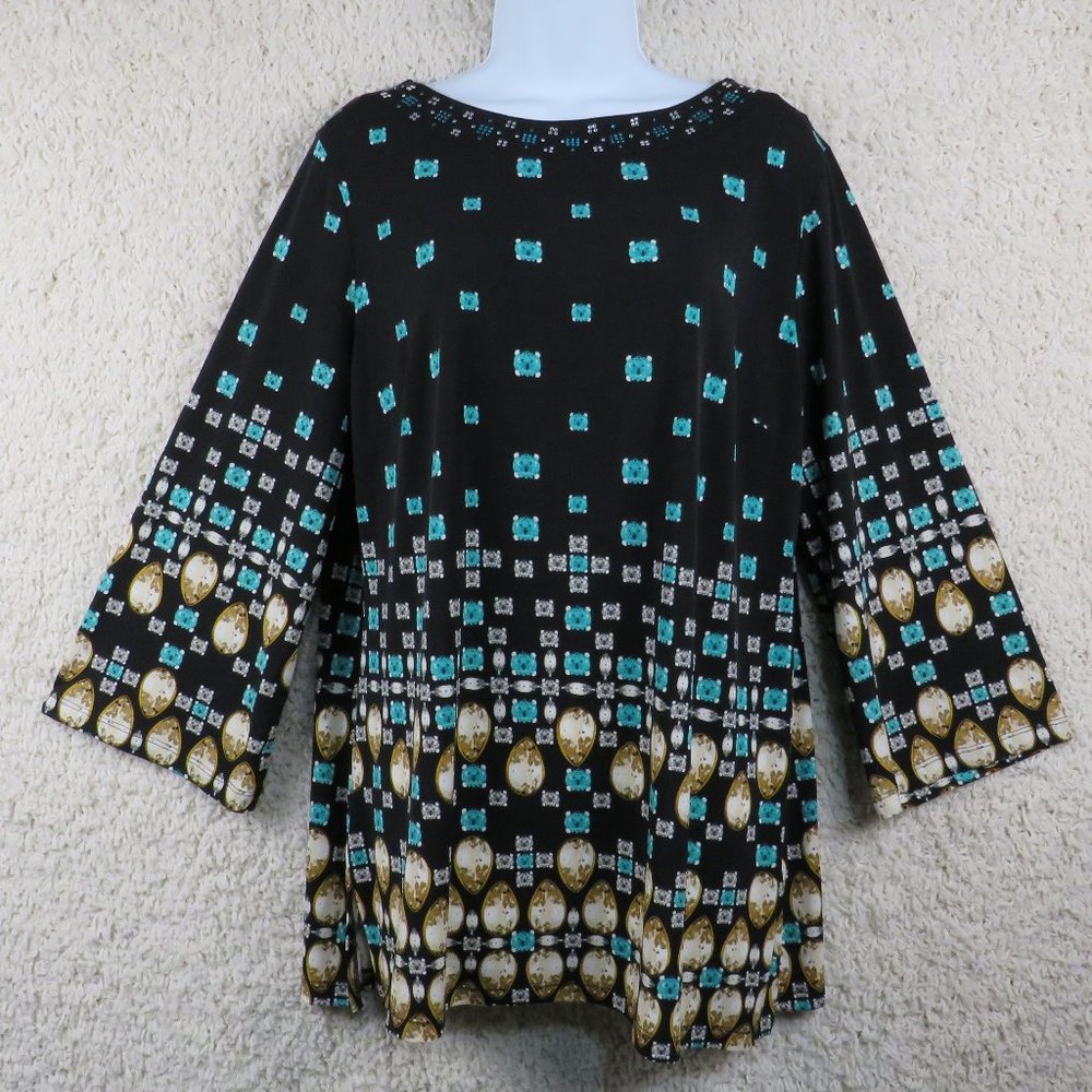JM Collection* Women's Long Sleeve Boat Neck Straight Hem BOHO Blouse~Size Large